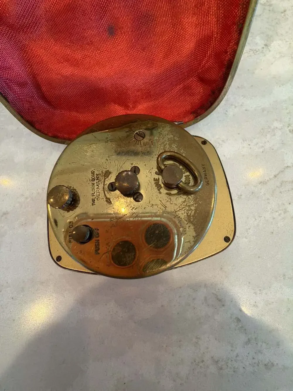 Vintage Florn 7-Jewel Travel Alarm Clock in Red Leather Folding Case